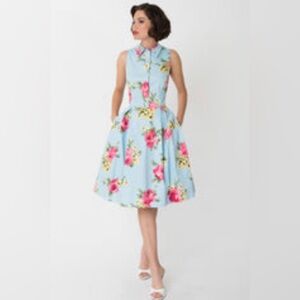 Eva Rose Retro Vintage Style Blue Floral Sleeveless Floral Midi Shirt Dress